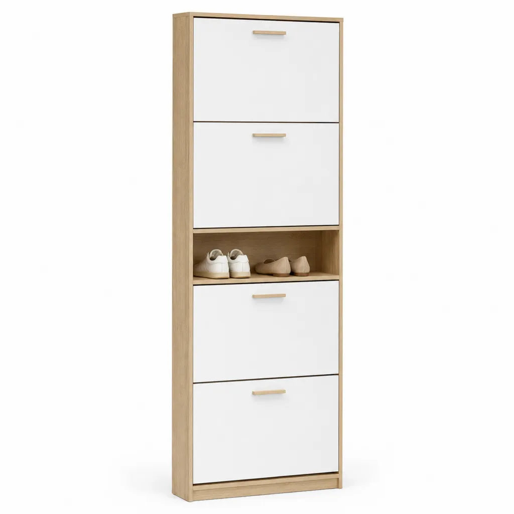 Scarpiera salvaspazio a 4 ante a ribalta con vano aperto in truciolare bianco e rovere 60 x 24 x 180 cm