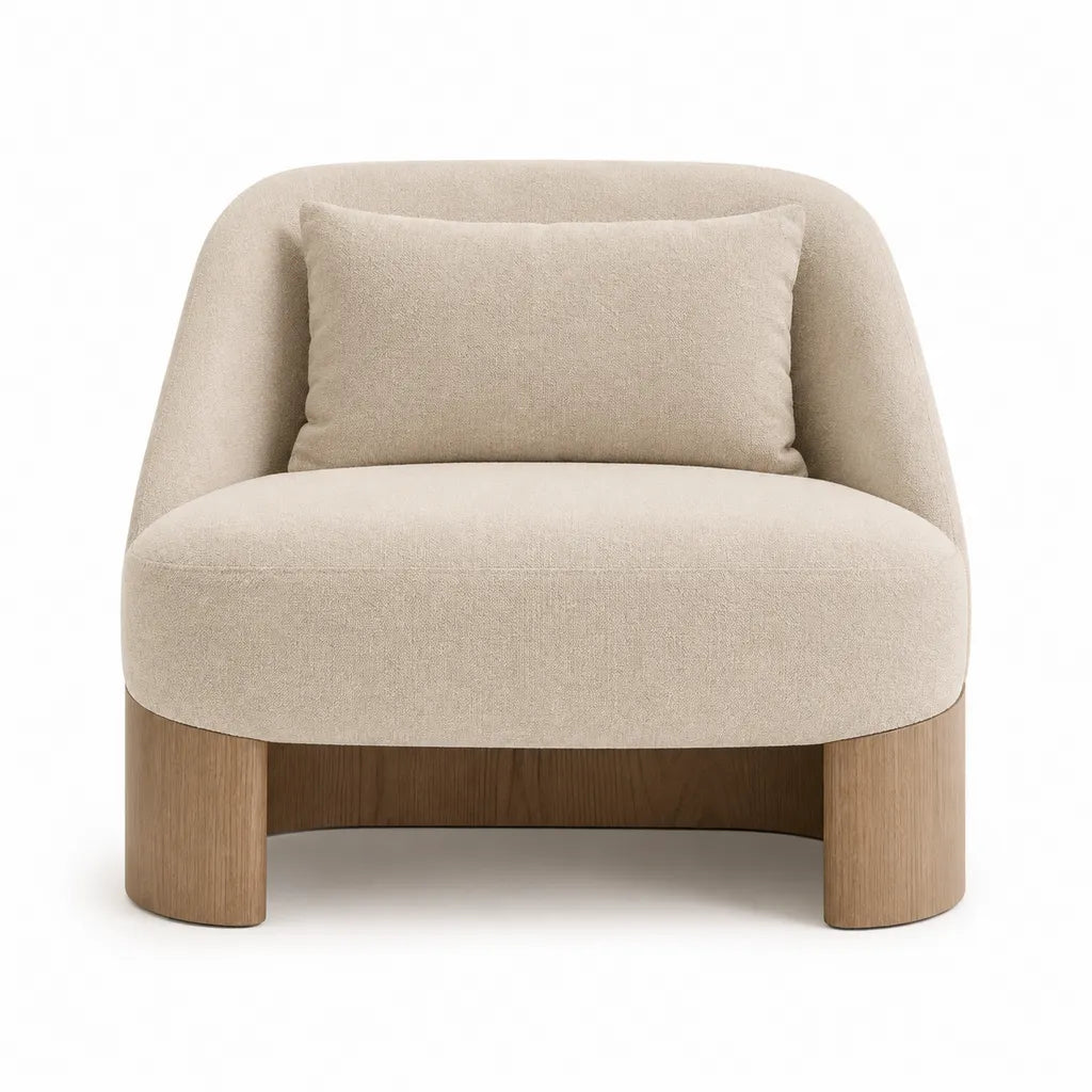 Poltrona da soggiorno imbottita in poliestere boucle con base in legno massello forma arrotondata beige 80 x 78 x 75 cm