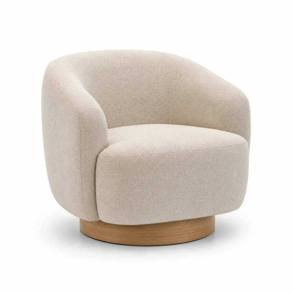 Poltrona imbottita boucle beige con base rotonda effetto rovere 78 x 75 x 76 cm