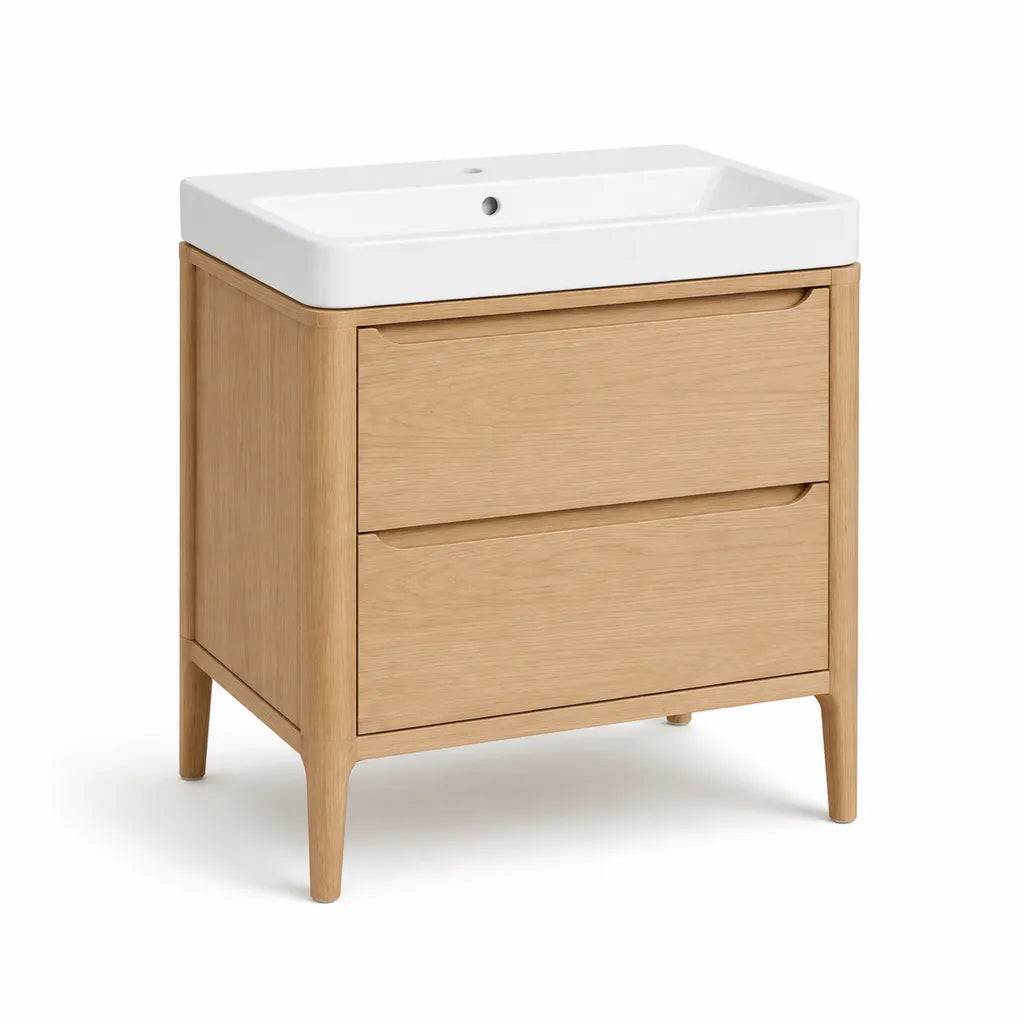 Mobile bagno con lavabo rettangolare 60 x 46 x 85 cm in ceramica e MDF impiallacciato rovere naturale bianco