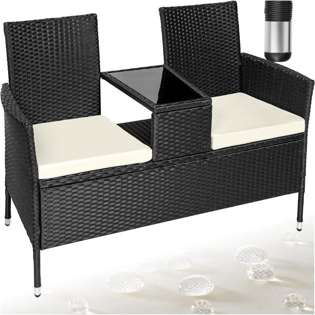 Panca Panchina da Giardino in Polyrattan con Tavolino Integrato, 133x63x