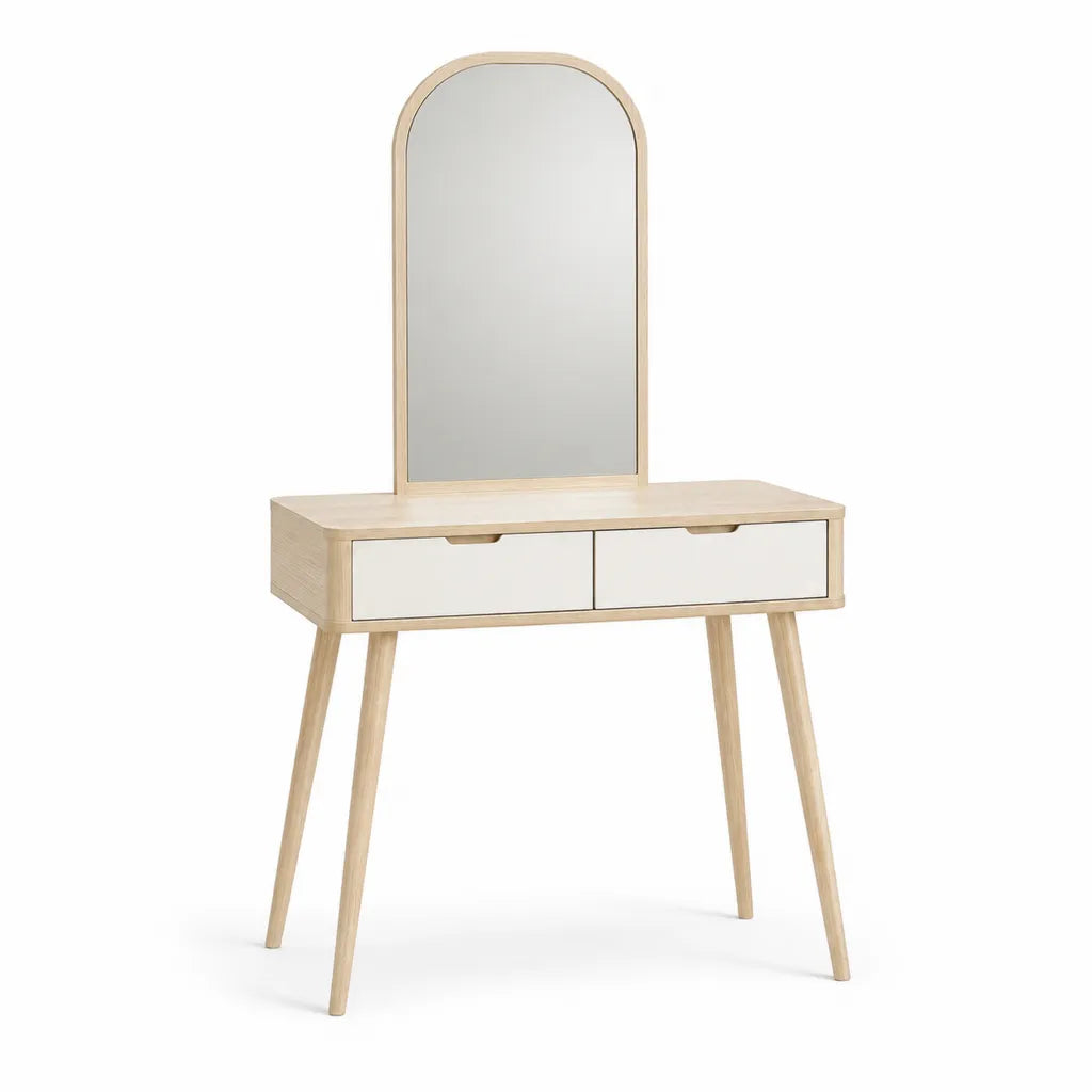 Toeletta con specchio ad arco 2 cassetti in MDF e legno massello rovere chiaro bianco 80 x 40 x 135 cm