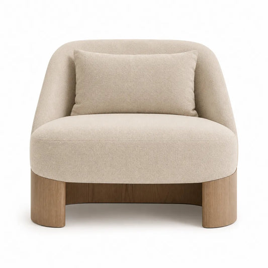 Poltrona da soggiorno imbottita in poliestere boucle con base in legno massello forma arrotondata beige 80 x 78 x 75 cm
