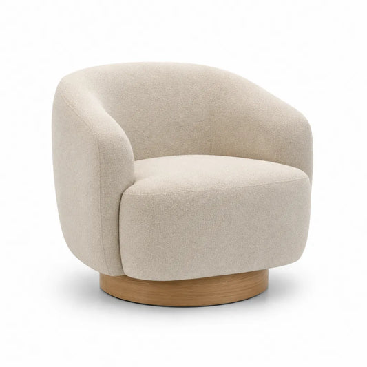 Poltrona imbottita boucle beige con base rotonda effetto rovere 78 x 75 x 76 cm