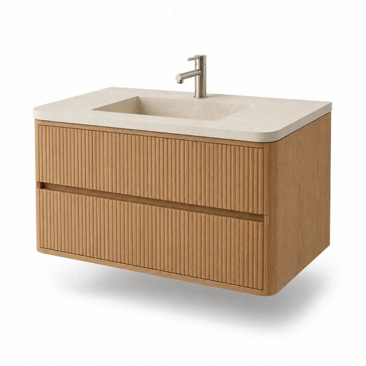 Mobile bagno sospeso con lavabo integrato 80 x 46 x 55 cm in MDF impiallacciato rovere beige con 2 cassetti