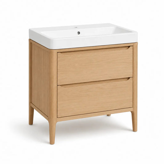 Mobile bagno con lavabo rettangolare 60 x 46 x 85 cm in ceramica e MDF impiallacciato rovere naturale bianco