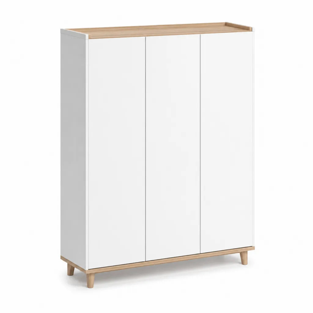 Scarpiera a 3 ante in MDF bianco e bambu naturale rettangolare 80 x 35 x 120 cm