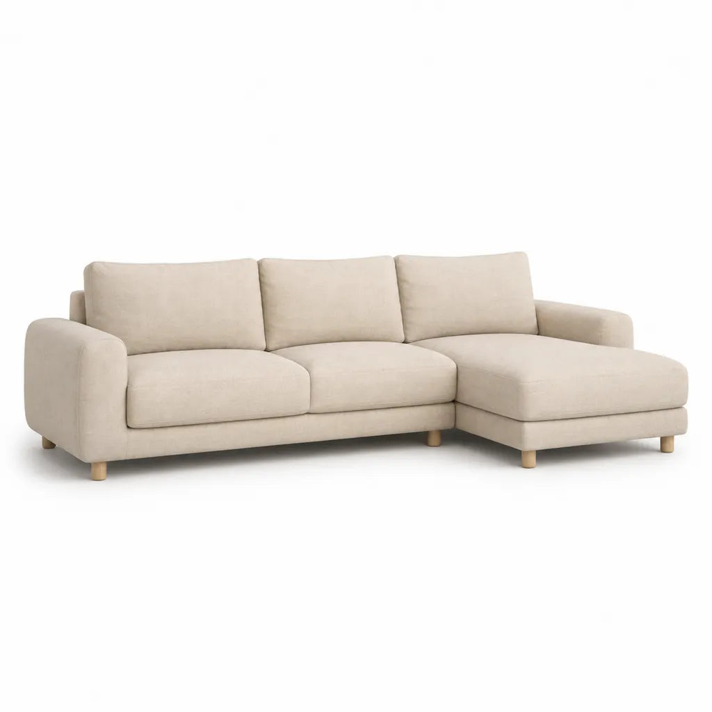 Divano angolare 3 posti con chaise longue destra in poliestere beige 250 x 155 x 85 cm