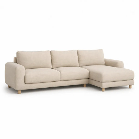 Divano angolare 3 posti con chaise longue destra in poliestere beige 250 x 155 x 85 cm