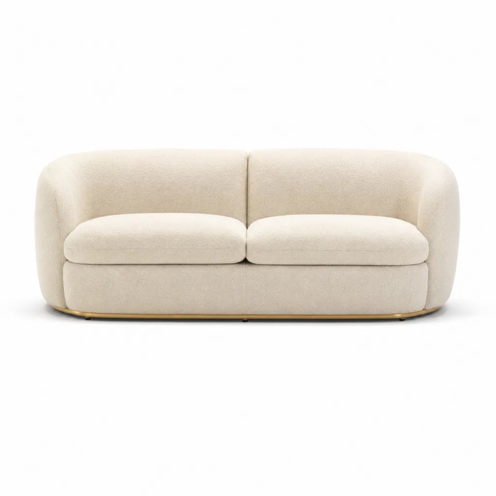 Divano 2 posti in poliestere boucle avorio con base in acciaio oro 180 x 90 x 75 cm