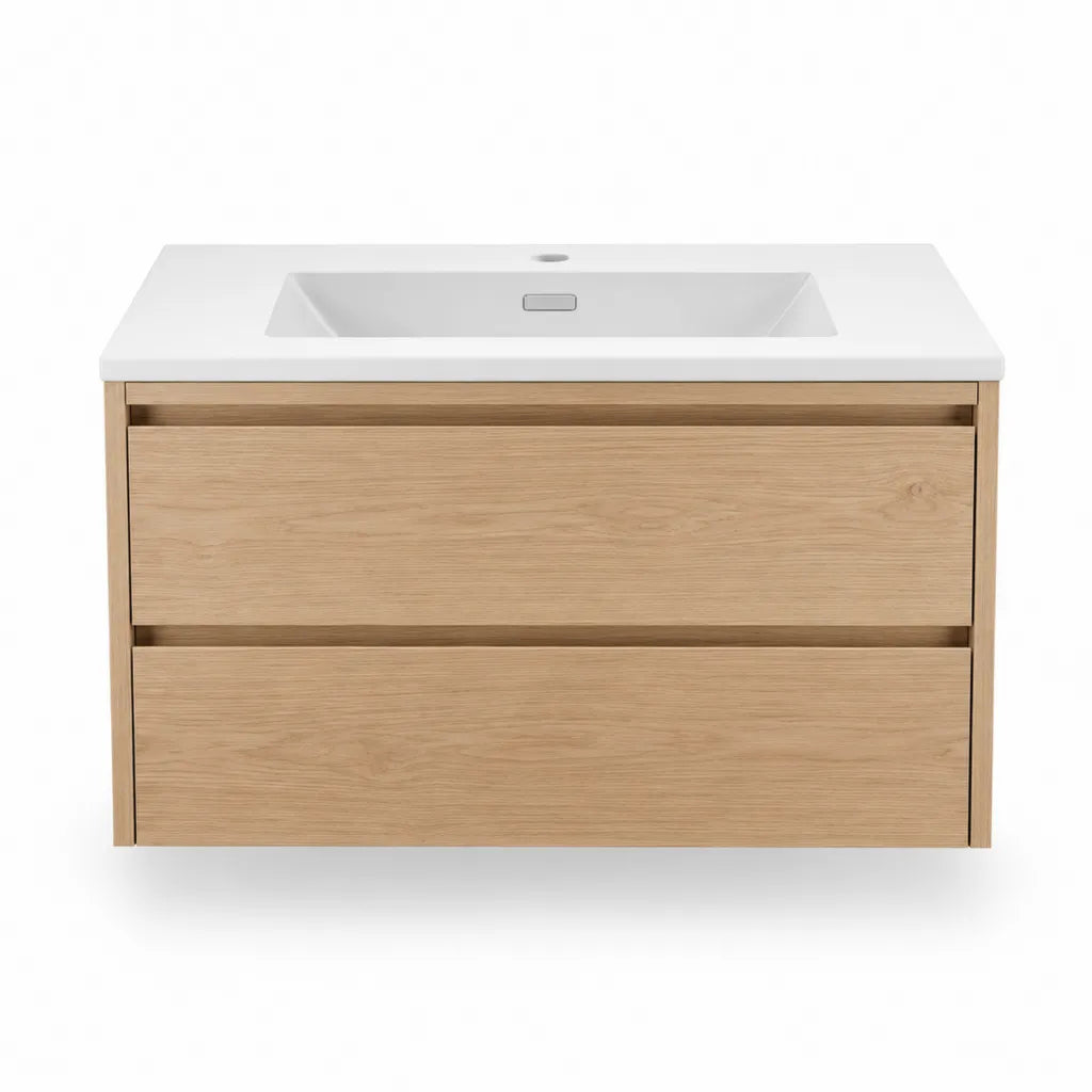Mobile sottolavabo sospeso con lavabo integrato rettangolare 100 x 46 x 60 cm MDF effetto rovere e ceramica bianca