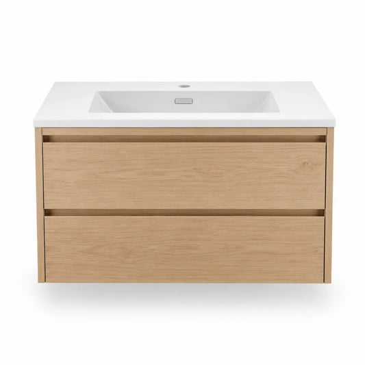 Mobile sottolavabo sospeso con lavabo integrato rettangolare 100 x 46 x 60 cm MDF effetto rovere e ceramica bianca