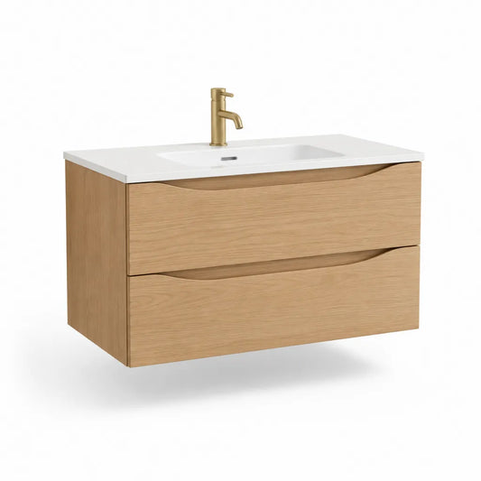 Mobile bagno sospeso con lavabo in ceramica 80 x 46 x 54 cm MDF effetto rovere naturale rettangolare 2 cassetti