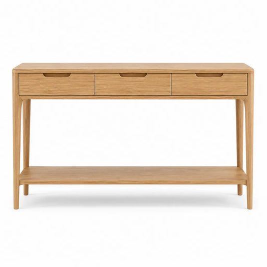 Consolle da ingresso rettangolare con 3 cassetti e ripiano in rovere naturale 120 x 35 x 80 cm