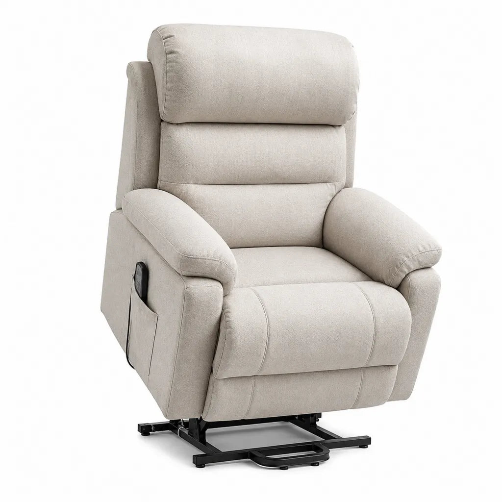 Poltrona relax alzapersona elettrica reclinabile in poliestere beige con base in acciaio 85 x 95 x 105 cm