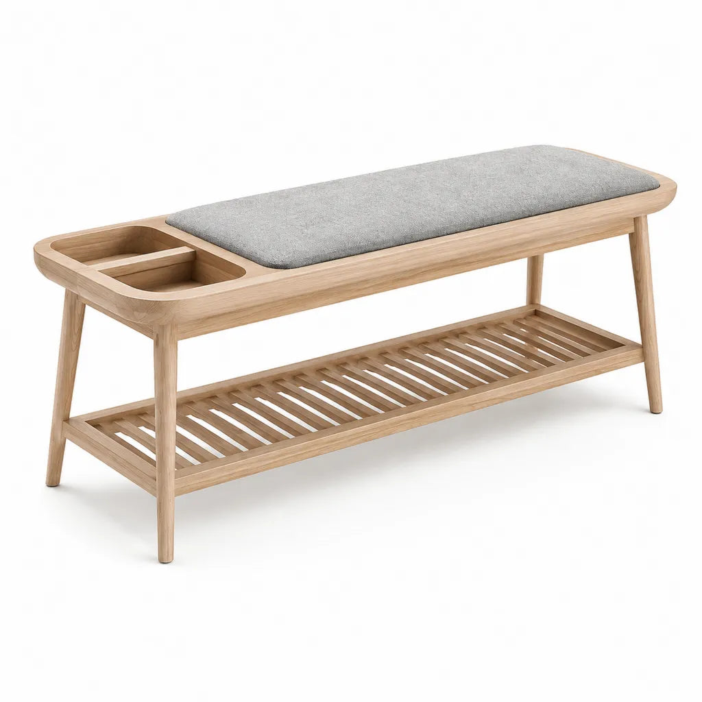 Panca da ingresso con scarpiera in legno massello di rovere rettangolare naturale e grigia 120 x 35 x 45 cm