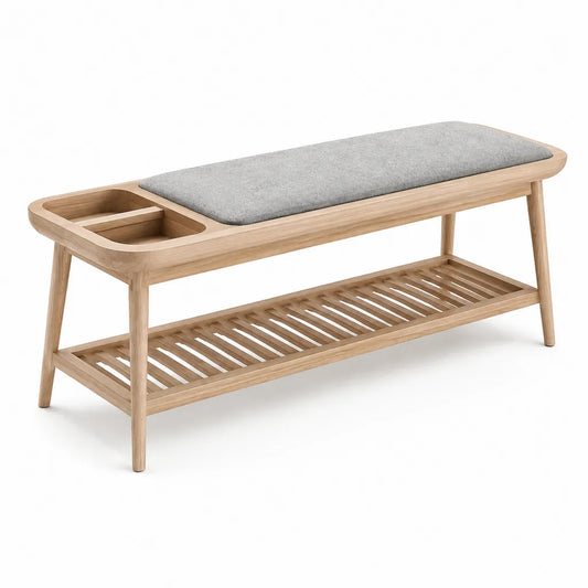 Panca da ingresso con scarpiera in legno massello di rovere rettangolare naturale e grigia 120 x 35 x 45 cm